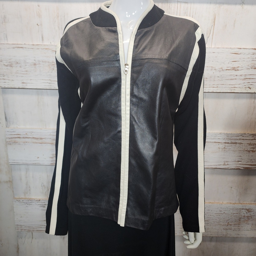 Maurice Sasson Womens XL Leather Knit Mixed Media Zip Jacket Black White Stripe